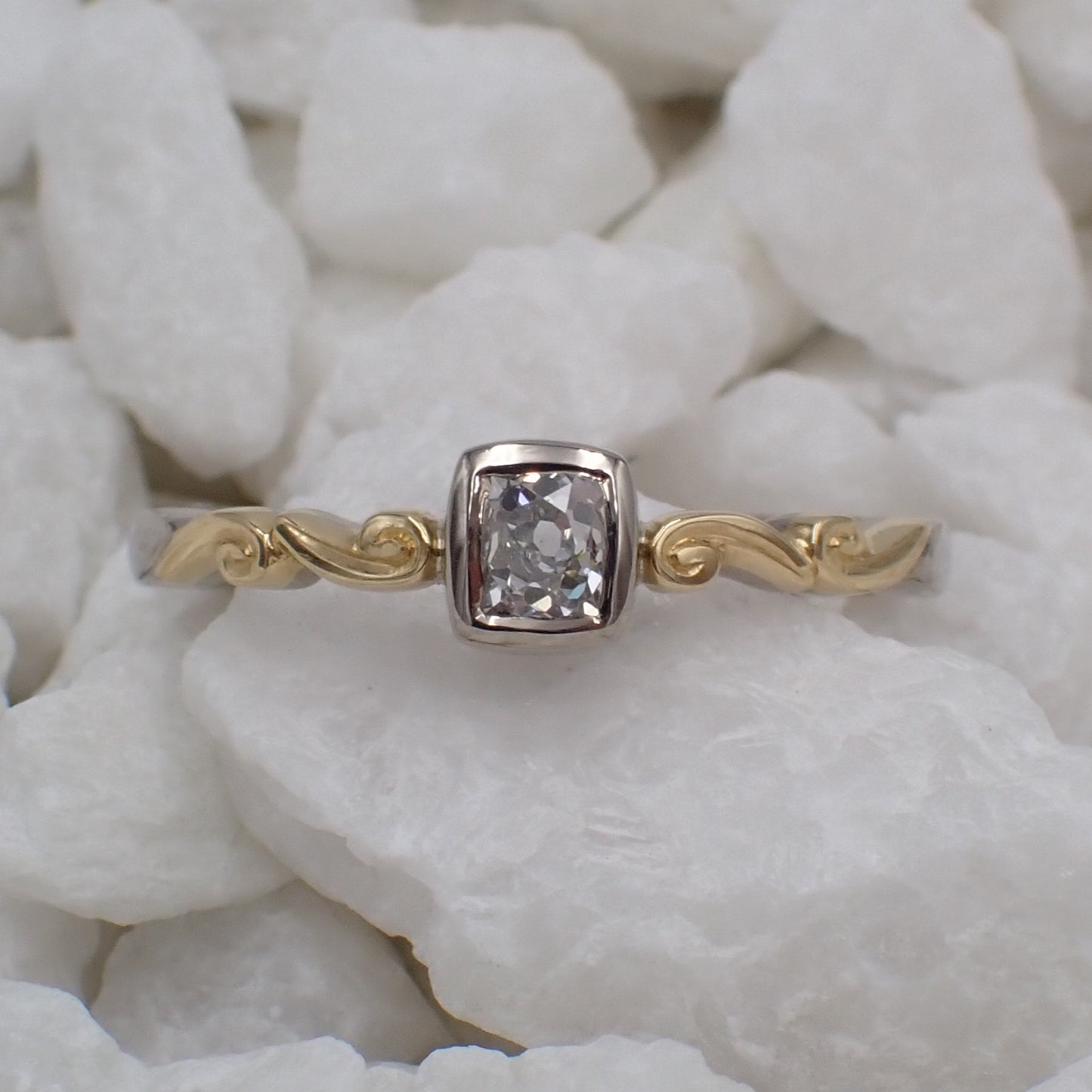 Antique Diamond Engagement Ring - Carved Scroll Shoulders