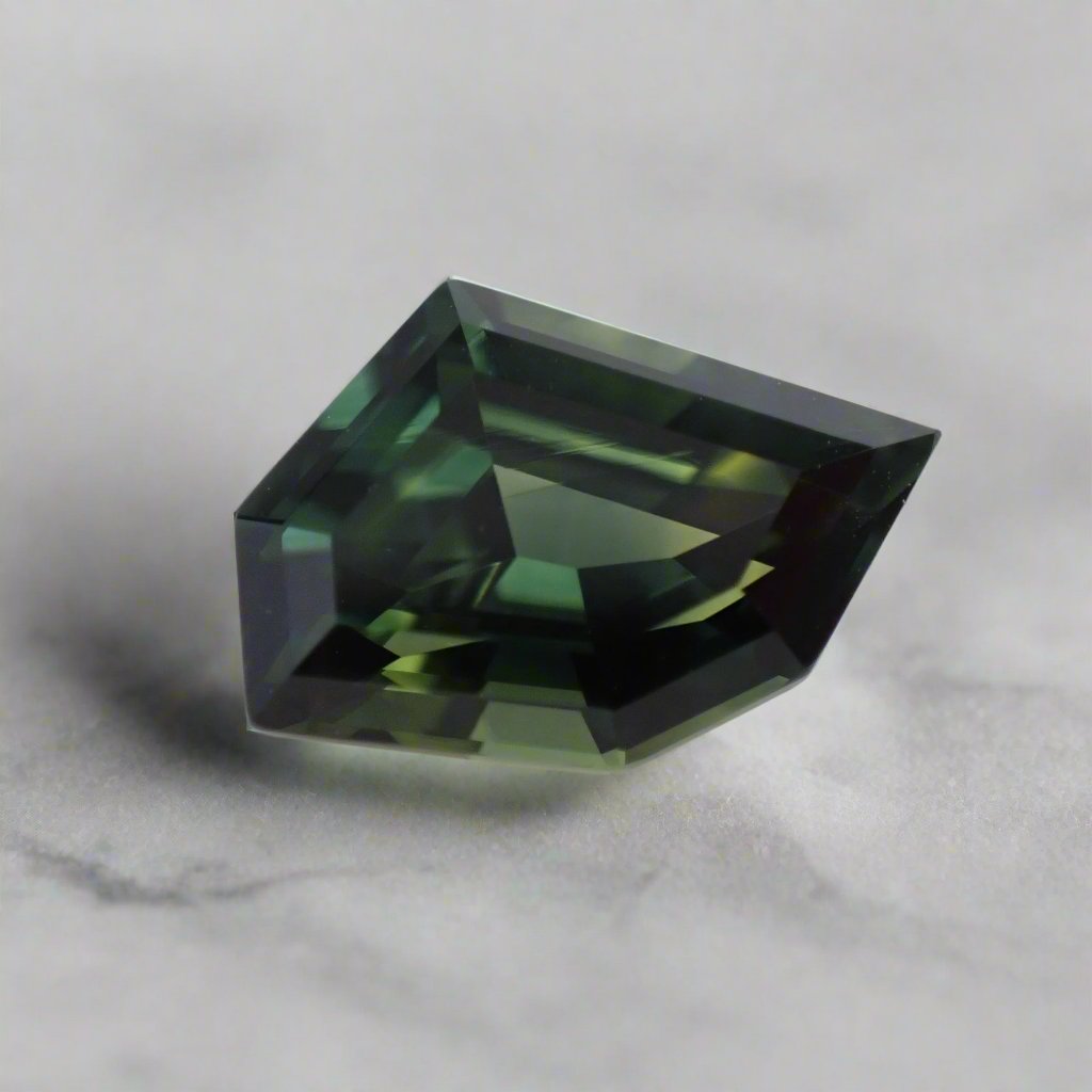 A six sided freeform sapphire, mainly green but with some blue, rests on a white surface.
