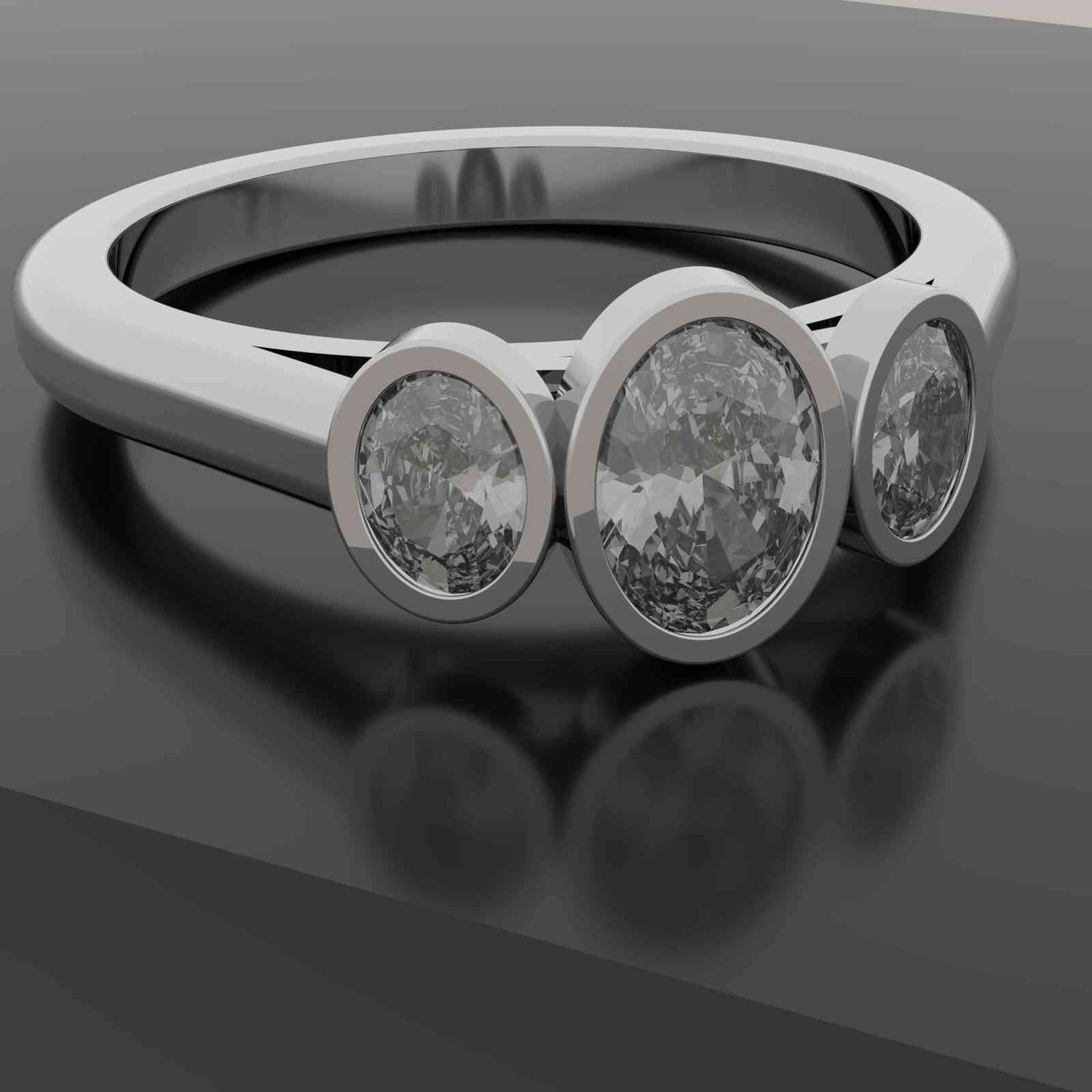 CAD render of a white metal three oval stone ring with bezel set diamonds sitting on a black reflective surface