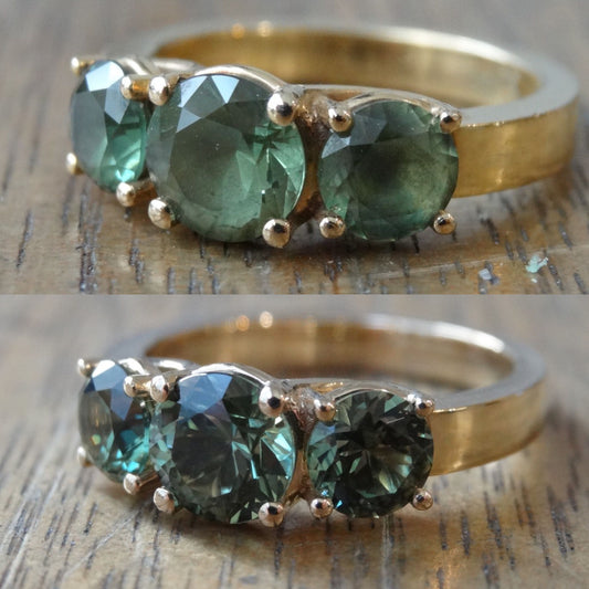 Trilogy teal sapphire engagement ring before and after cleaning