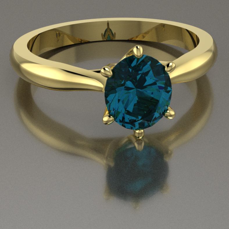 A computer rendering of a blue sapphire and yellow gold solitaire engagement ring with six claw setting.