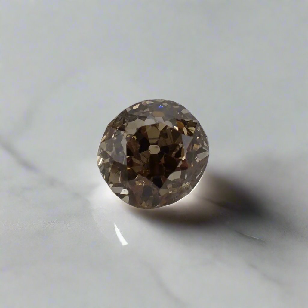 an antique, dark brown, champagne diamond with hand-cut facets in a close up photo