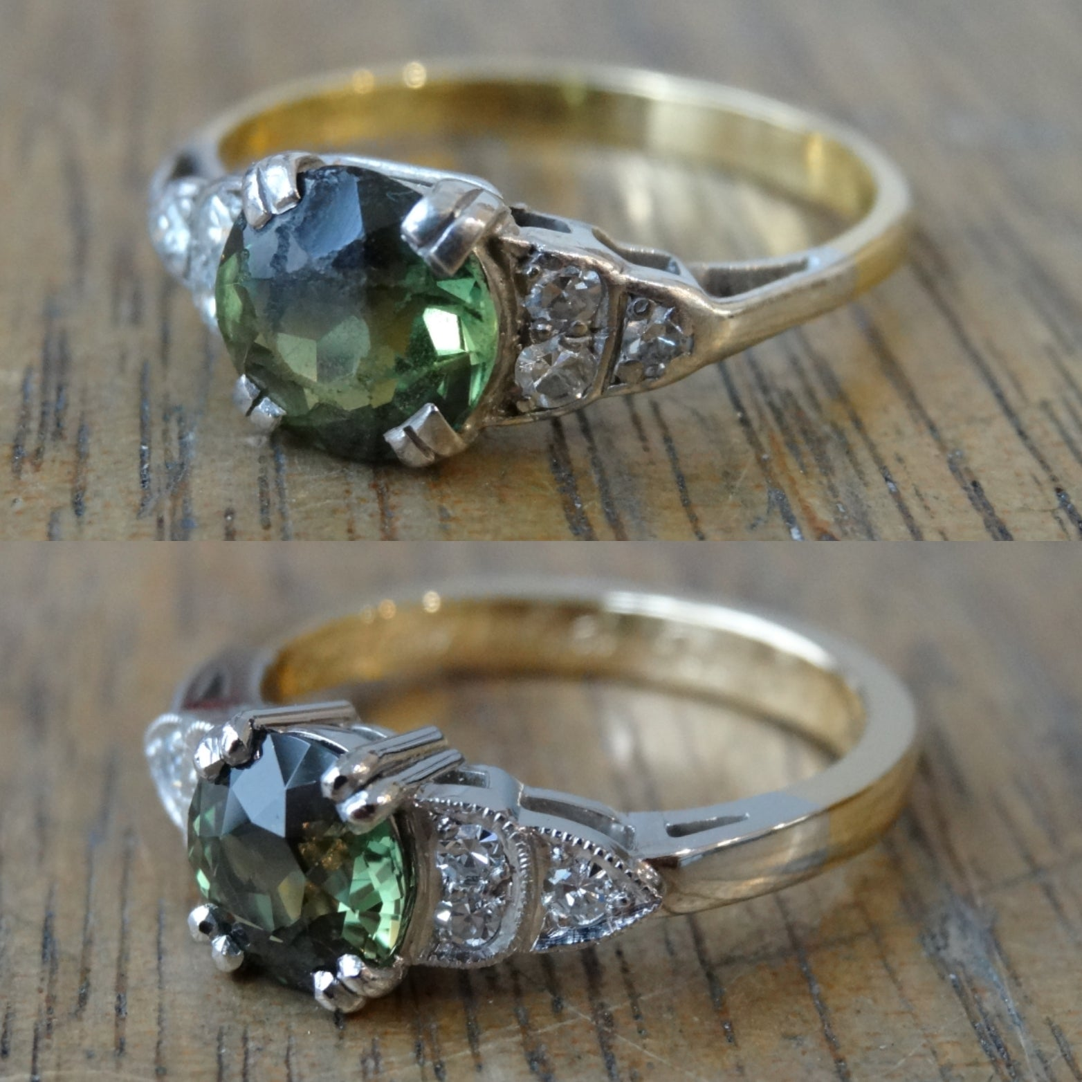 The top image shows an antique engagement ring. The bottom shows the remodelled ring, set with the same stones after the sapphire has been re-cut.