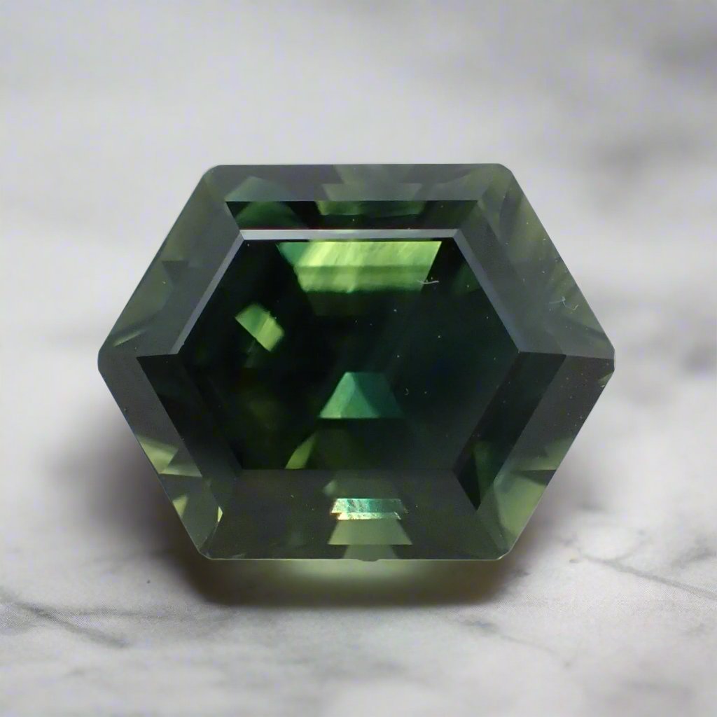 A rich green sapphire that displays colour banding sits atop a white marble surface.