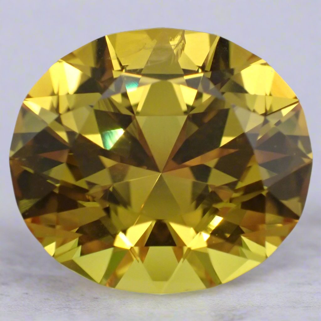 A yellow, oval cut sapphire takes up most of the image. It is almost as wide as it is long.