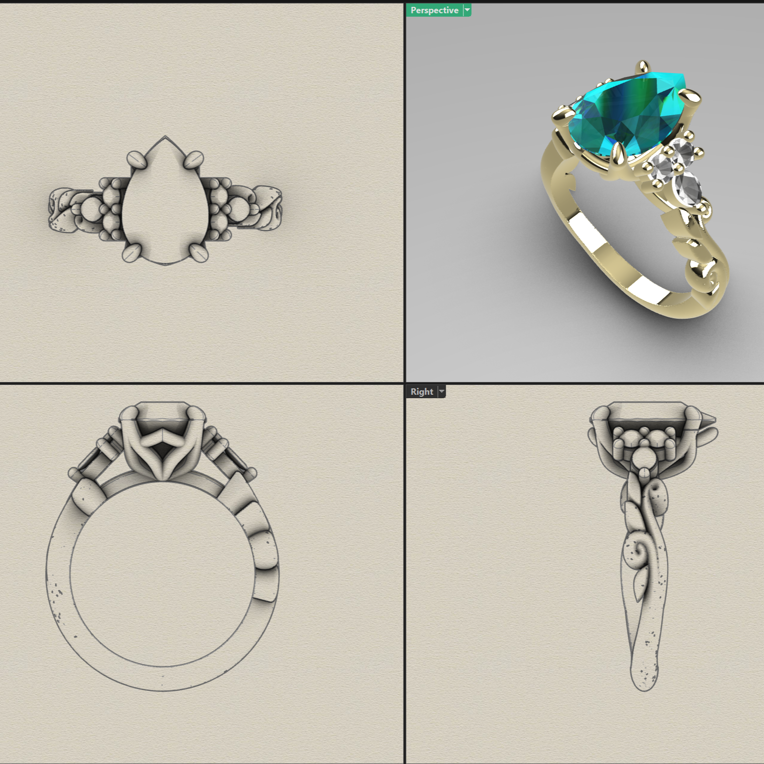 A computer aided sketch of a fantasy engagement ring with scrolls and claw set stones. The image shows four different views.