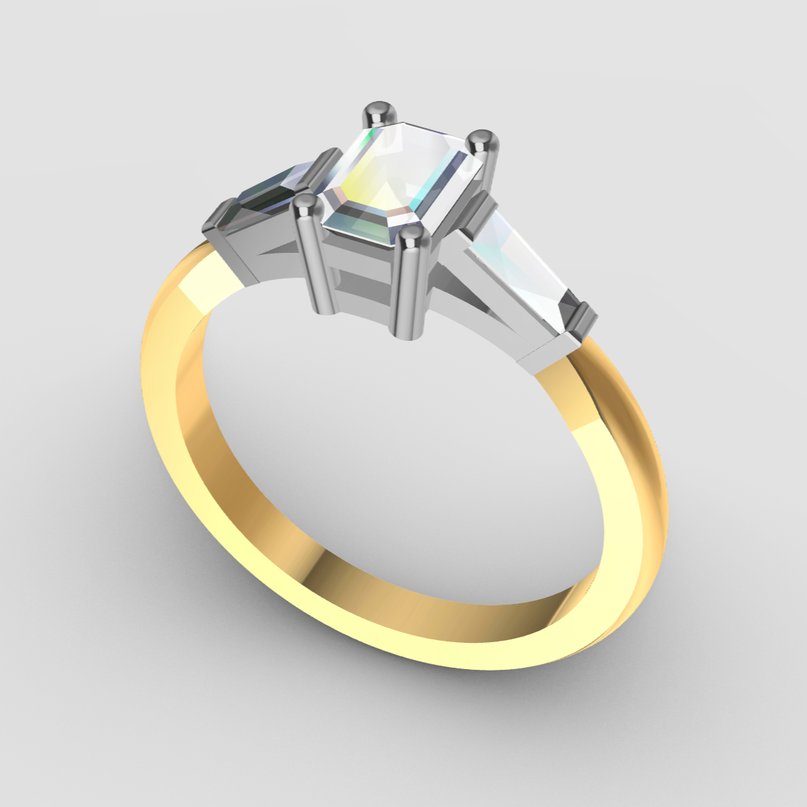 A computer aided design of a trilogy engagement ring with one emerald cut diamond and a pair of tapered baguettes in two tone gold.