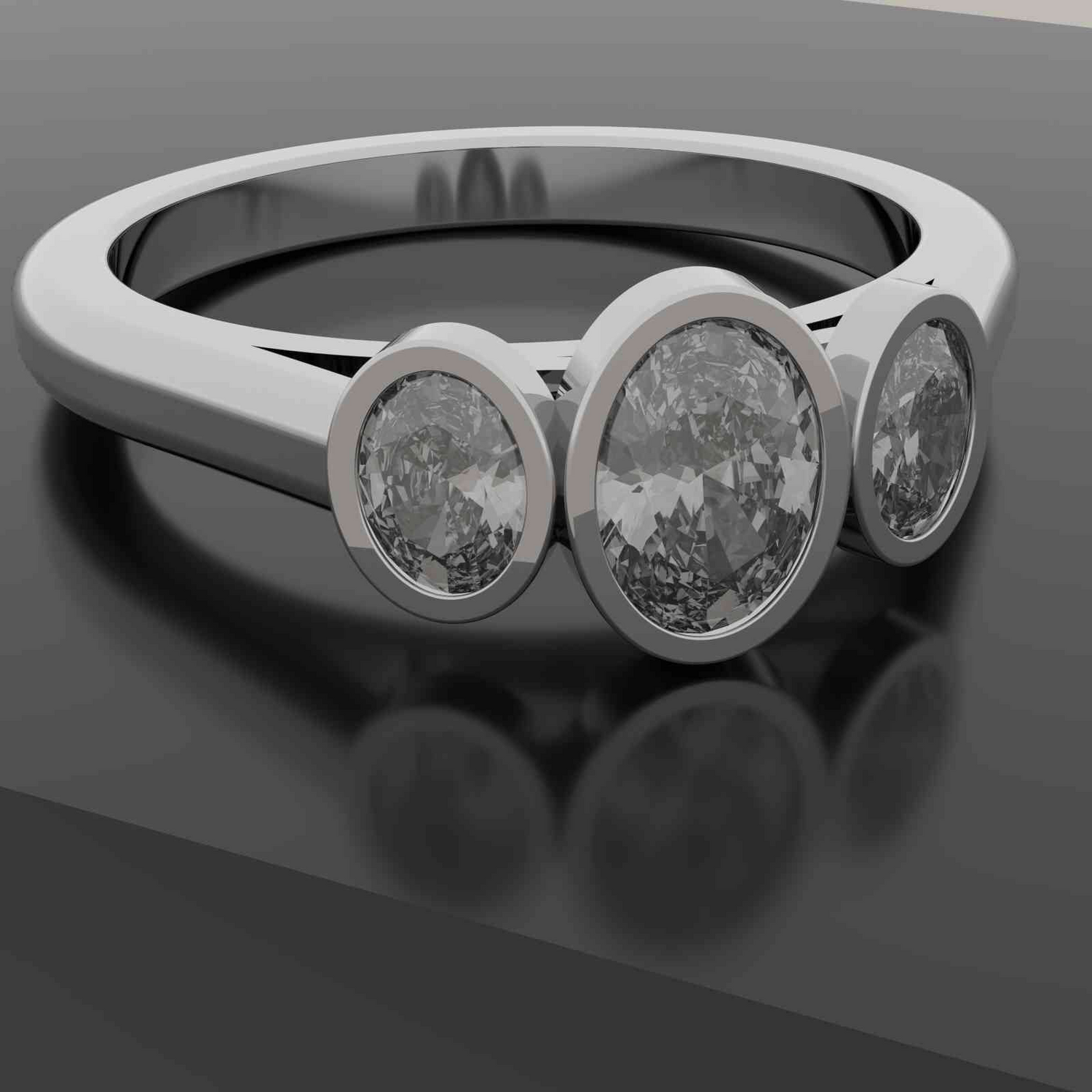 CAD render of a white metal three oval stone ring with bezel set diamonds sitting on a black reflective surface.