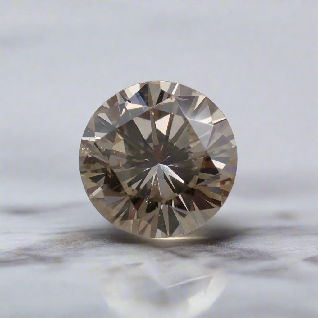 A faceted, champagne diamond is shown so close up that small inclusions are visible.