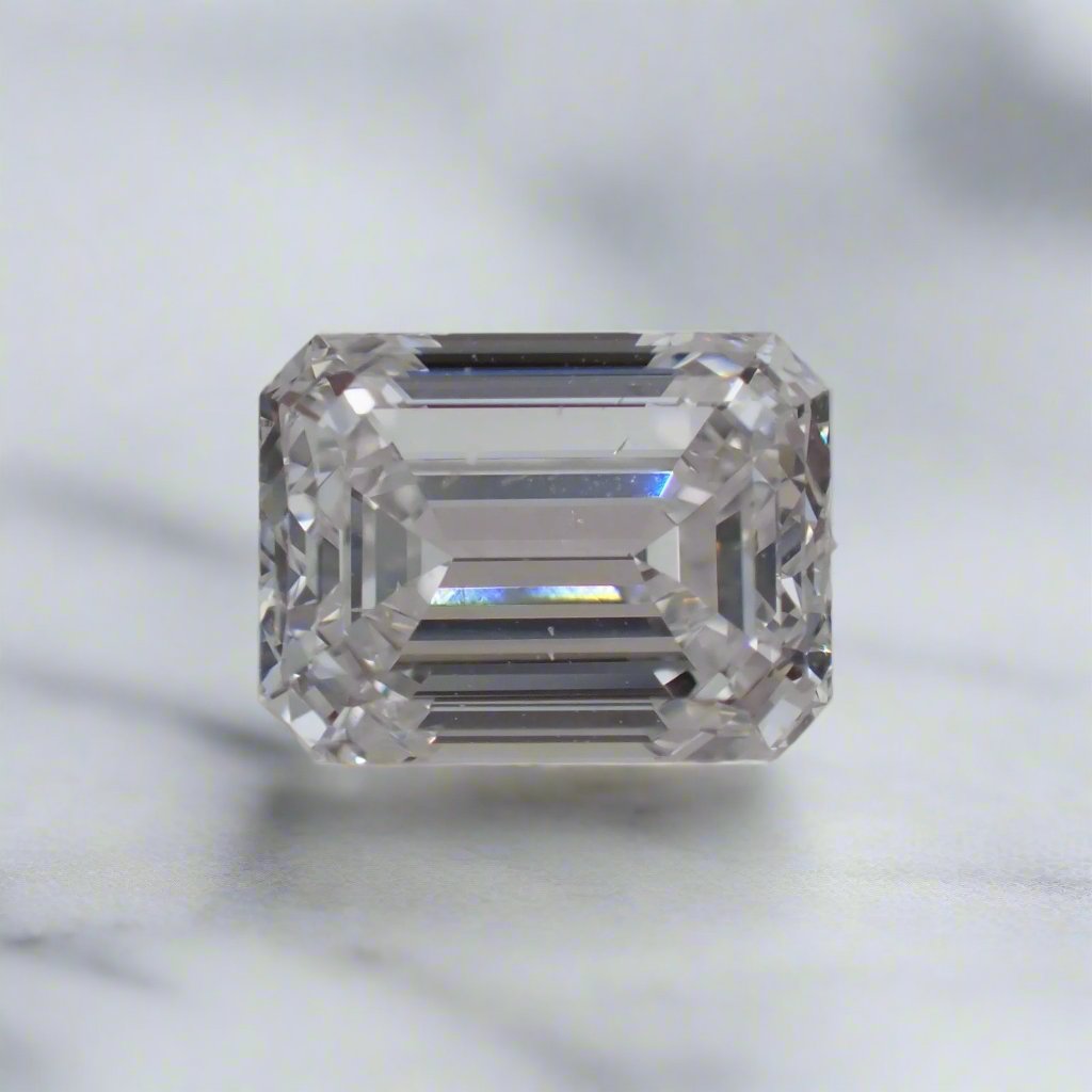 A well cut emerald shaped diamond rests on a white surface.