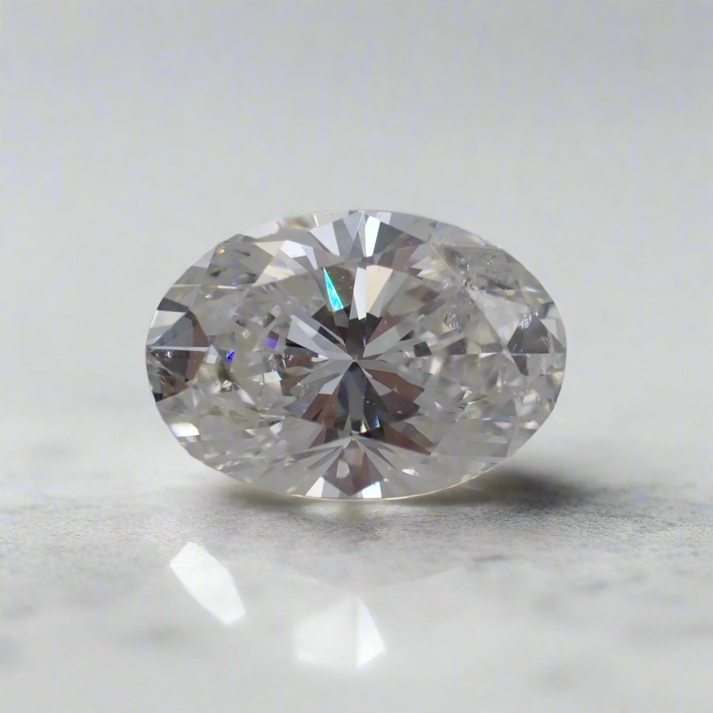 An oval cut diamond, with small, white inclusions visible, rests on a white surface.