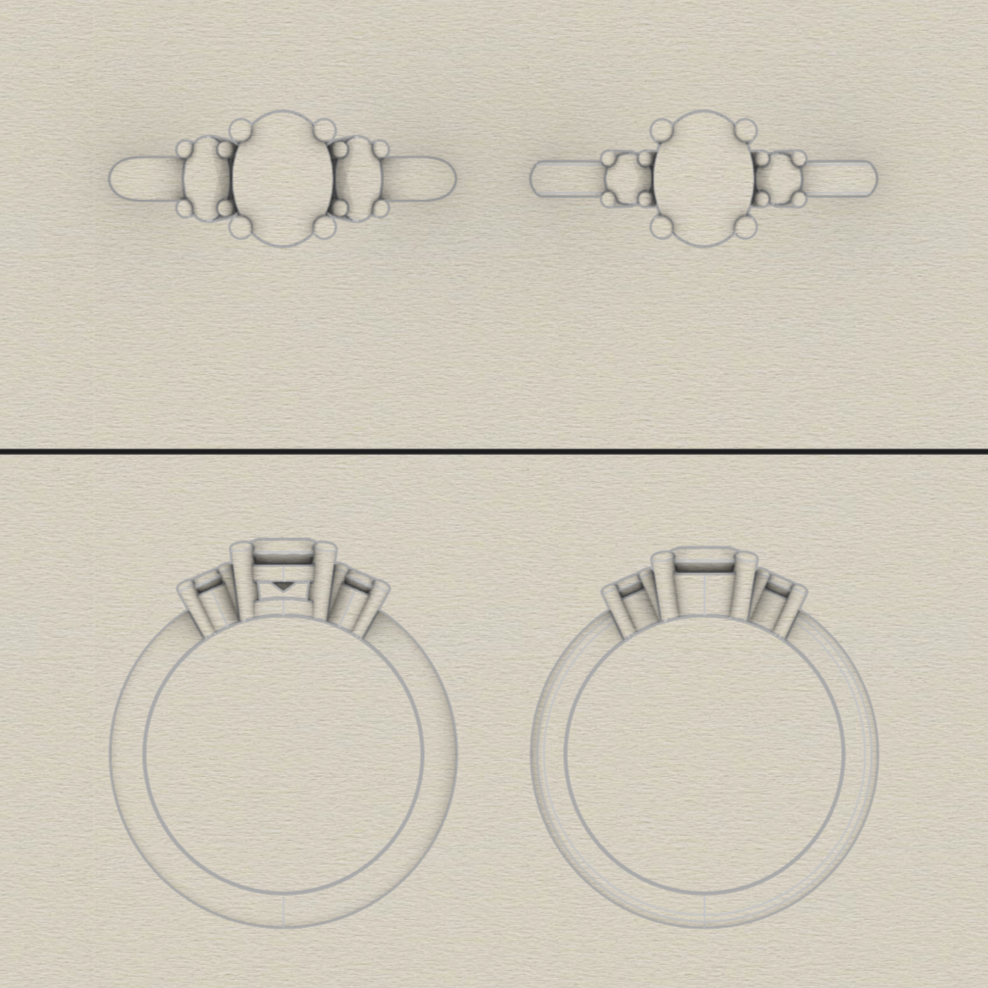 A computer aided sketch of two variations of an oval cut diamond engagement ring.