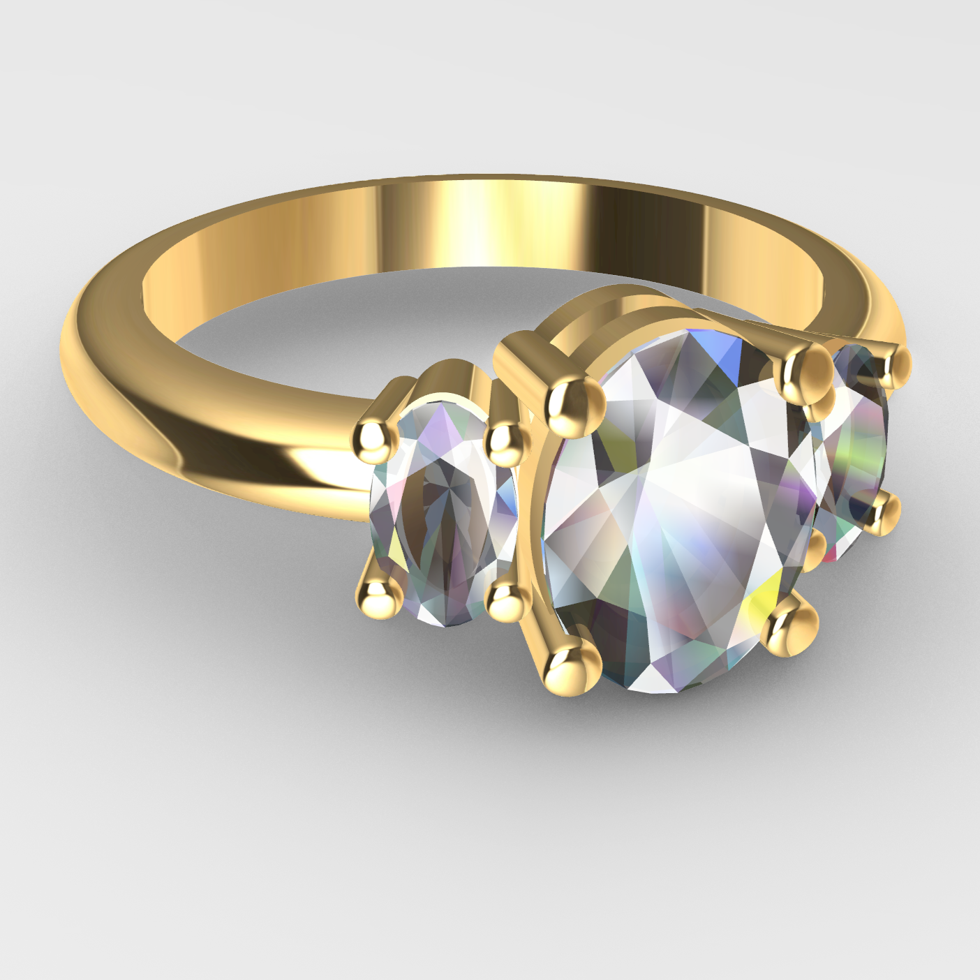 A computer render of a trilogy engagement ring with oval cut diamonds, claw set in yellow gold.